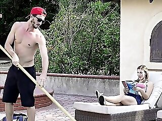 Skinny Beauty Fucks The Pool Dude And Lets Him Come On Her Backside